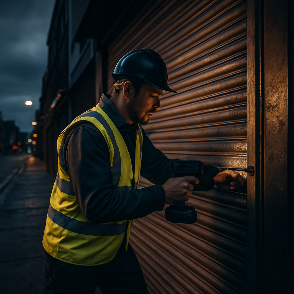SteelMotion engineer repairing a commercial roller shutter in Dublin